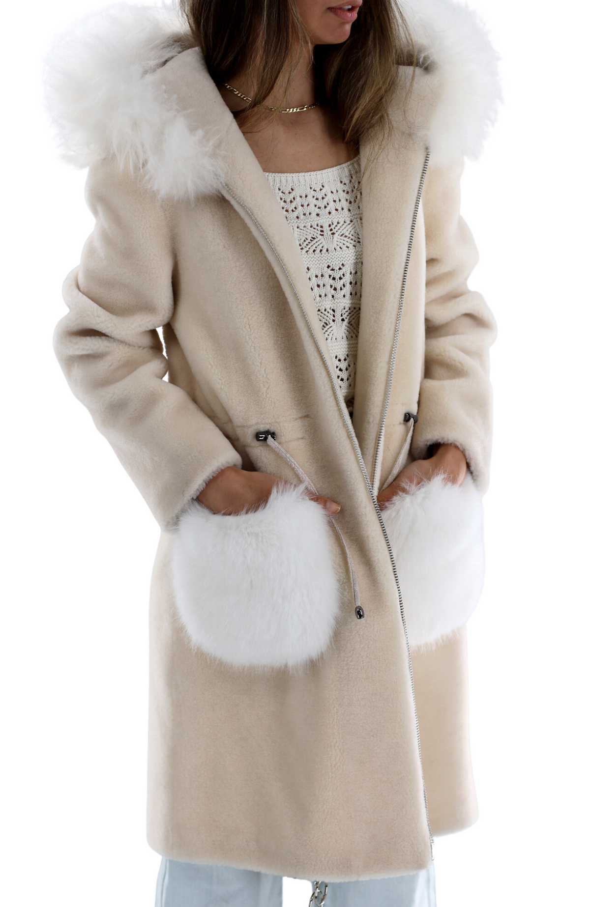 Women's Classic Shearling & Wool Jacket with Sheep Fur - Beige Women's Classic Shearling & Wool Jacket with Sheep Fur - Beige