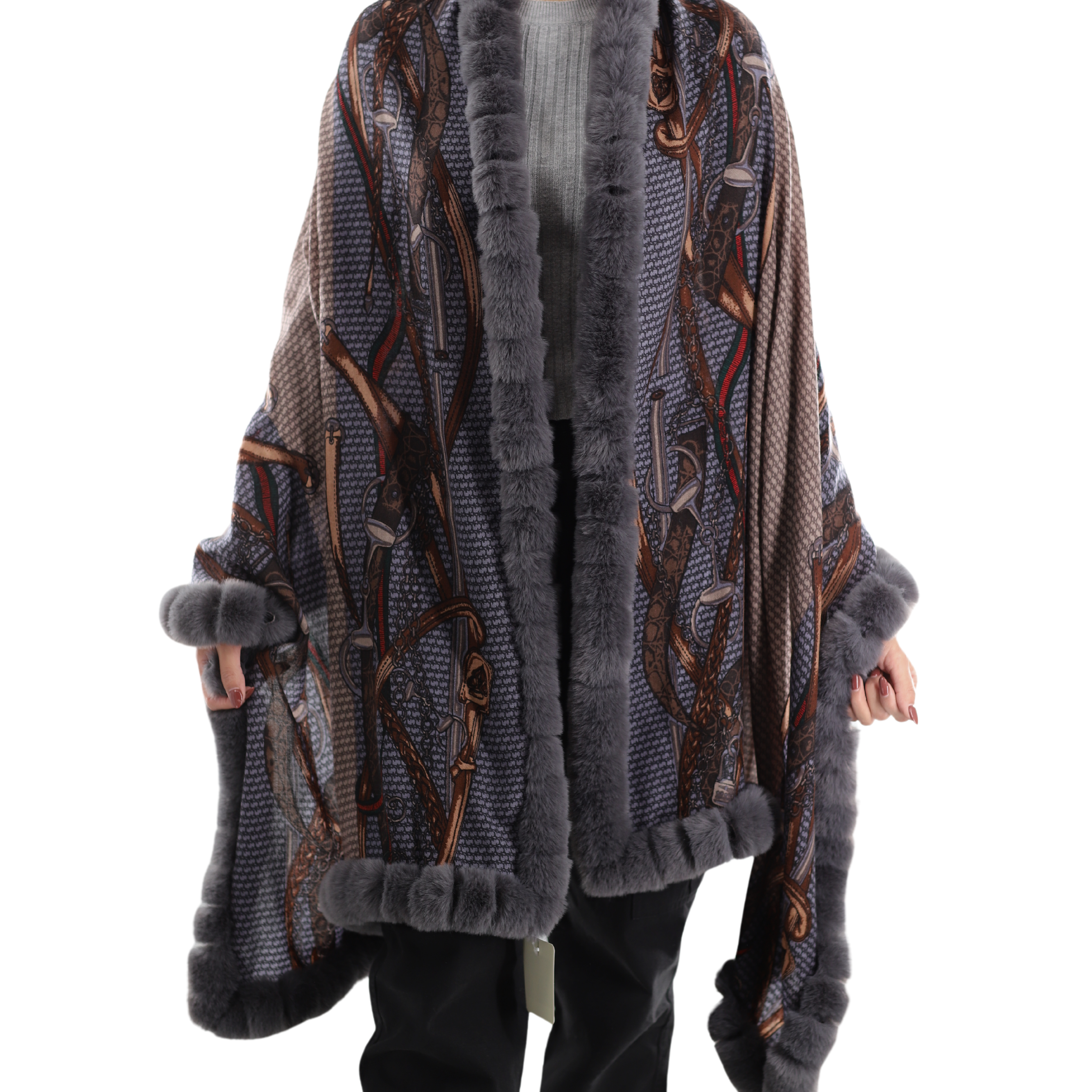 Stylish Wrap with Chain Print  and Faux Fur Trim - TN2106-FAUX - Wrap - La Fiorentina