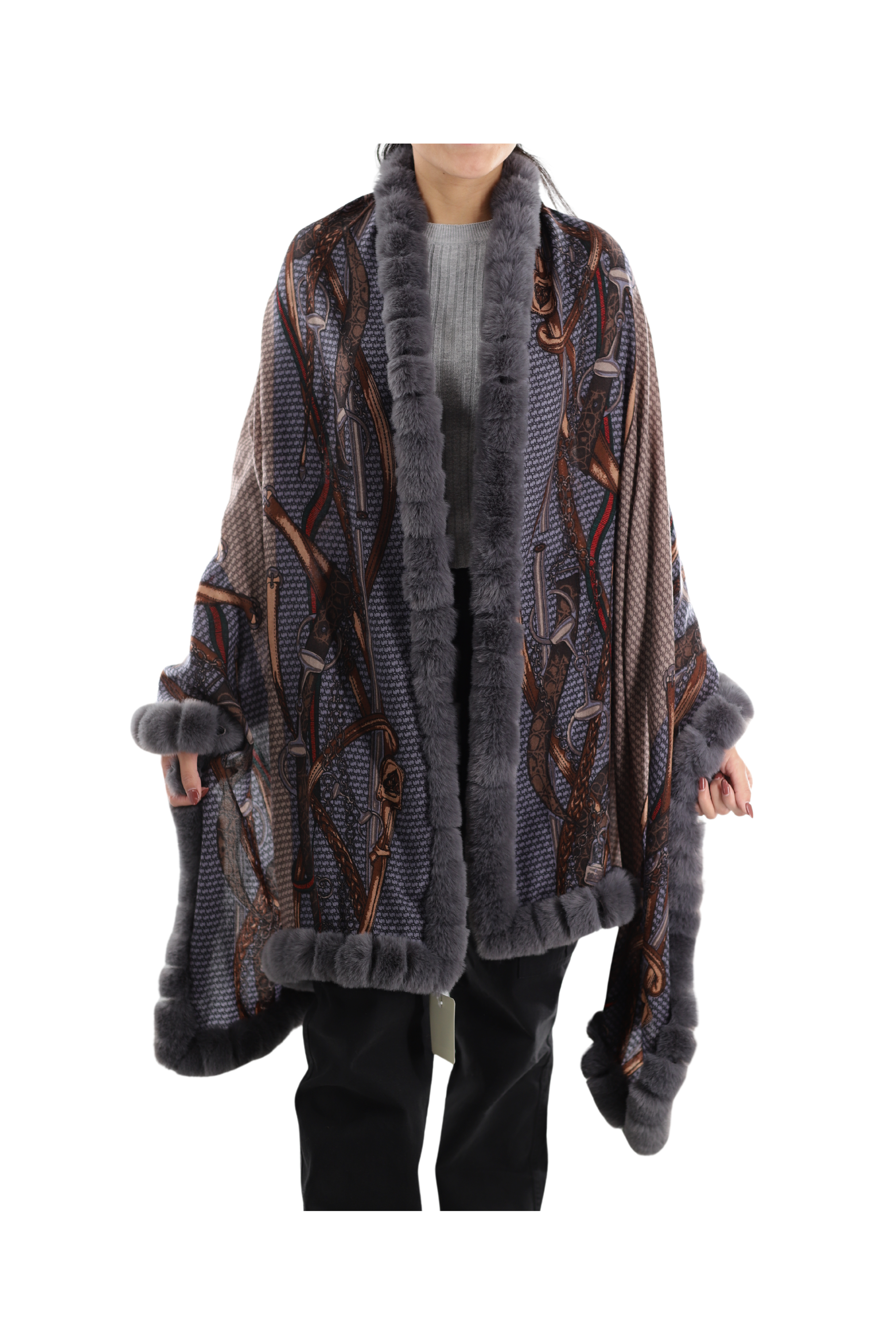 Stylish Wrap with Chain Print  and Faux Fur Trim - TN2106-FAUX - Wrap - La Fiorentina