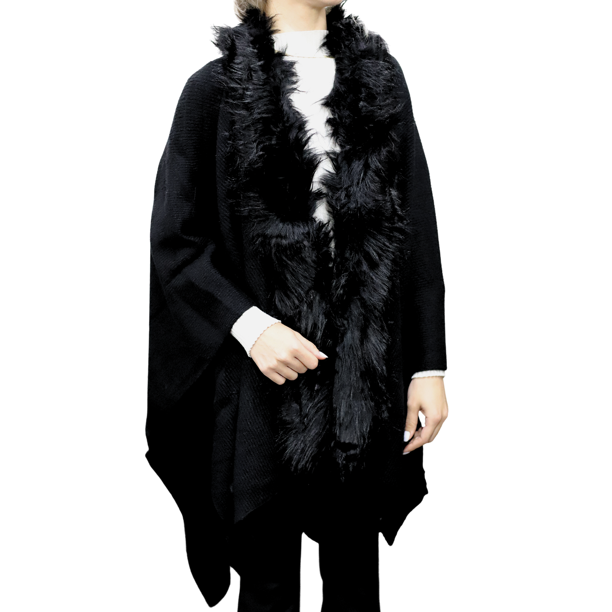 Wrap with Faux Fur Trim, Wool Blend, One Size, Black - Faux Fur Ruana - La Fiorentina  TN-212-FAUX