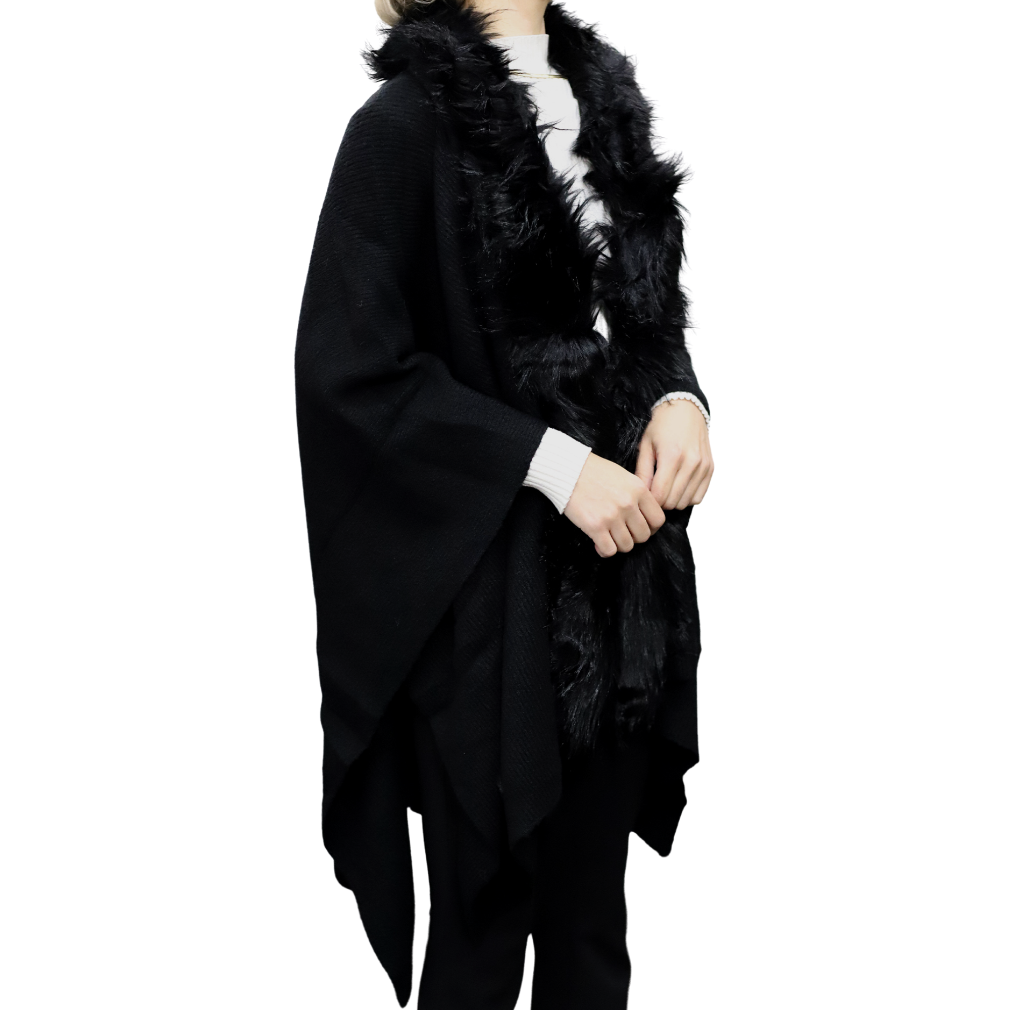 Wrap with Faux Fur Trim, Wool Blend, One Size, Black - Faux Fur Ruana - La Fiorentina  TN-212-FAUX