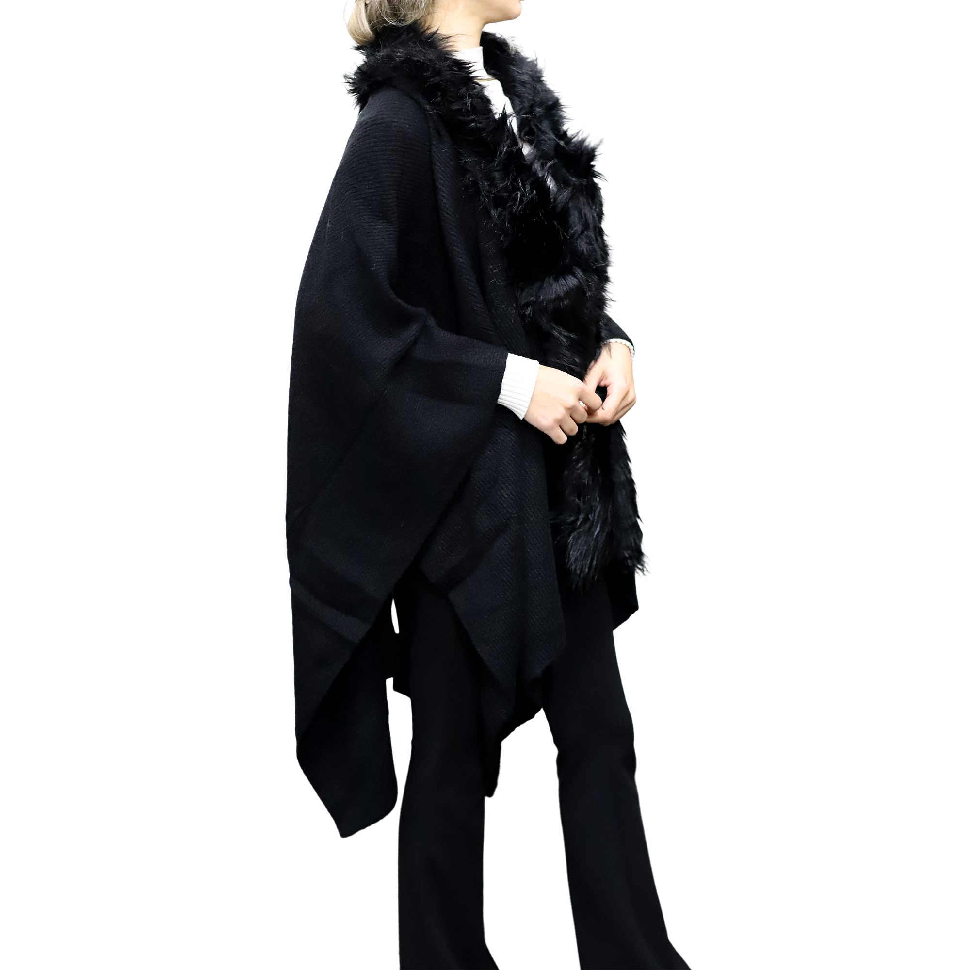 Wrap with Faux Fur Trim, Wool Blend, One Size, Black - Faux Fur Ruana - La Fiorentina  TN-212-FAUX