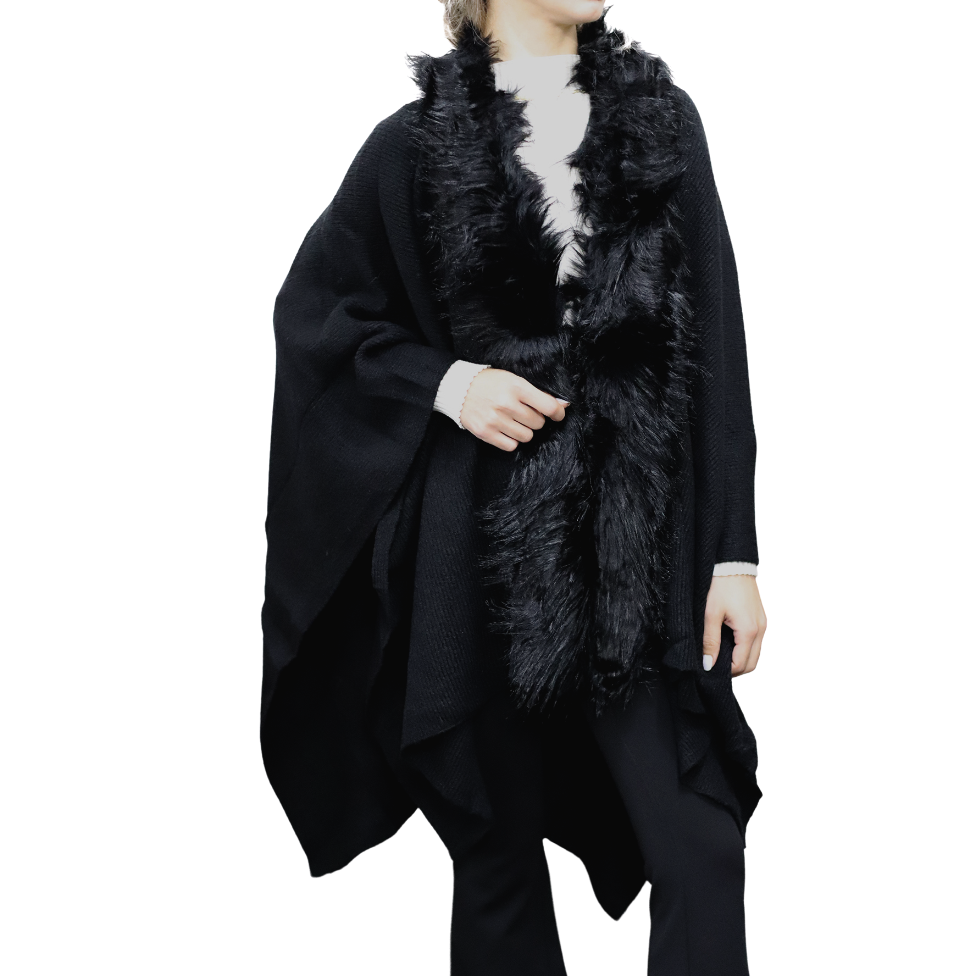 Wrap with Faux Fur Trim, Wool Blend, One Size, Black - Faux Fur Ruana - La Fiorentina  TN-212-FAUX