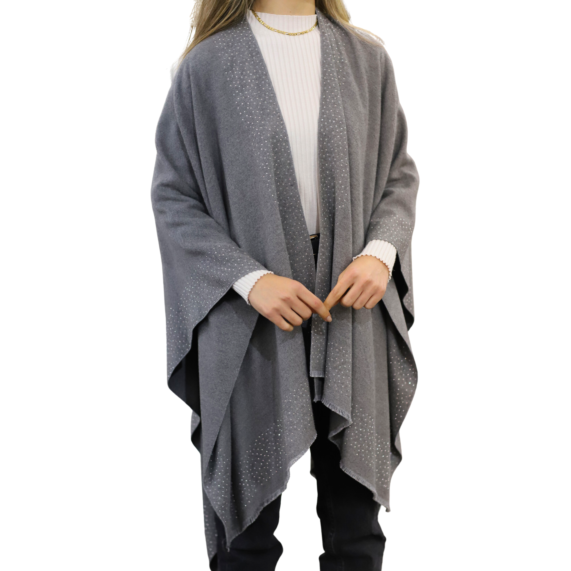  TNS2005-GREYLa Fiorentina Ruana with Scattered Embellished Border - Grey - Ruana - La Fiorentina TNS2005-GREY