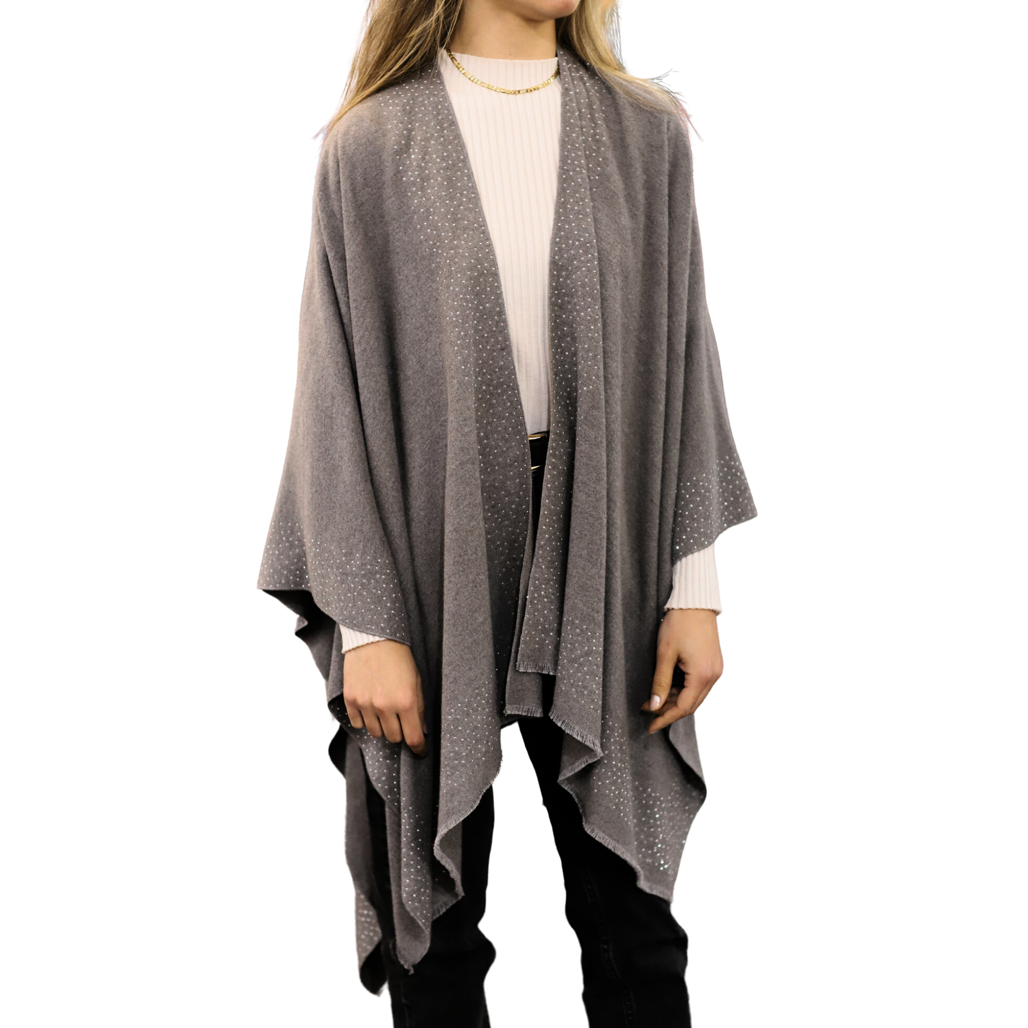  TNS2005-GREYLa Fiorentina Ruana with Scattered Embellished Border - Grey - Ruana - La Fiorentina TNS2005-GREY