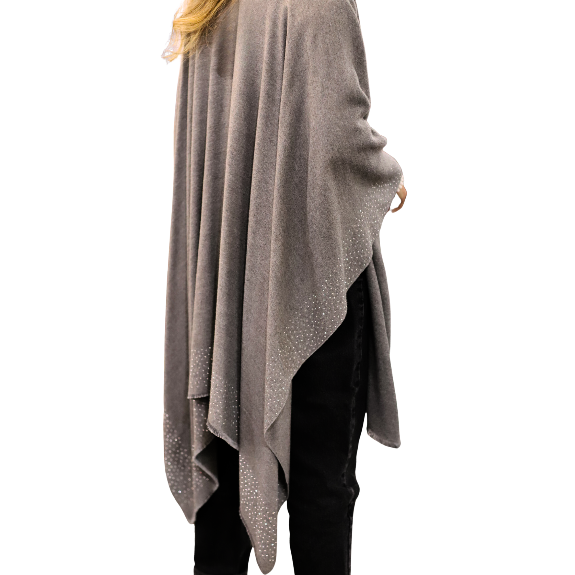  TNS2005-GREYLa Fiorentina Ruana with Scattered Embellished Border - Grey - Ruana - La Fiorentina TNS2005-GREY