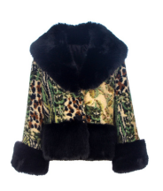 Abstract Print Coat with Faux Fur Trim- 020-CAM25613