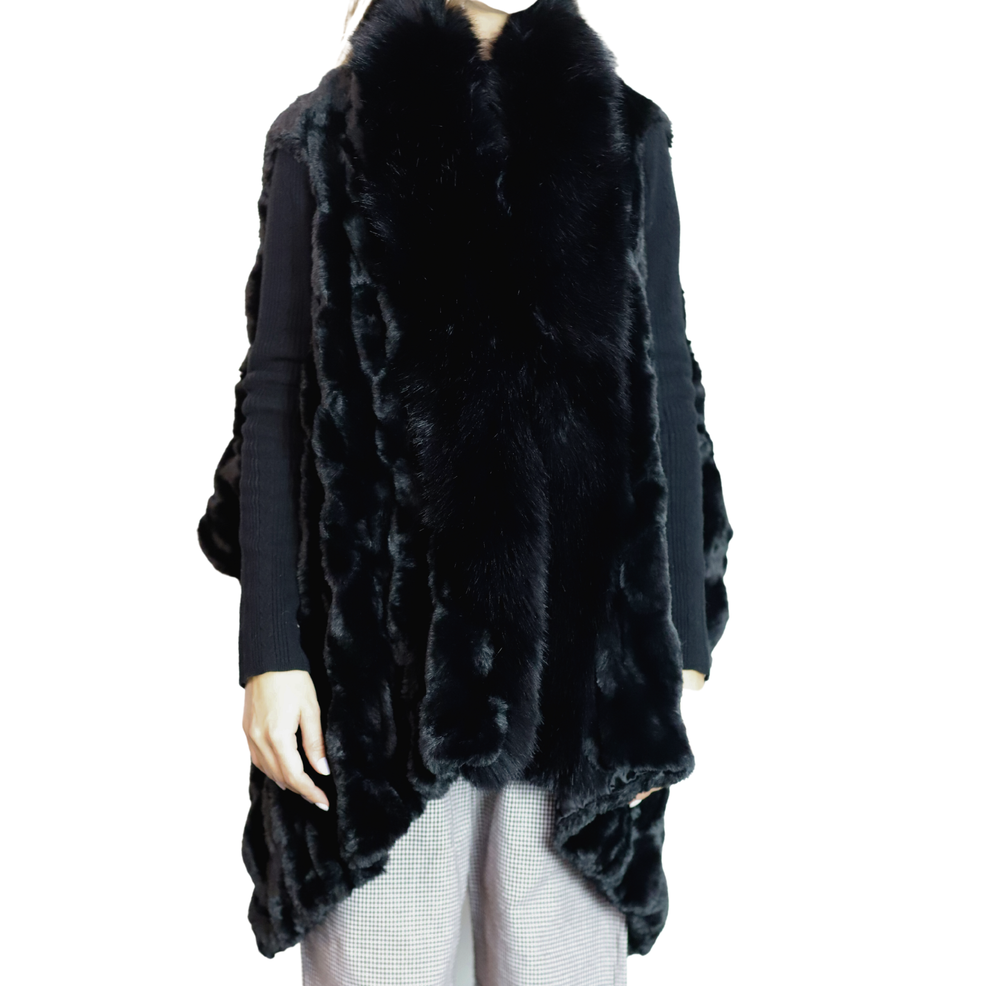 La Fiorentina Chic Black Faux Fur Vest - One Size (66 in x 26 in) - Faux Fur Vest - La Fiorentina VEST-2302
