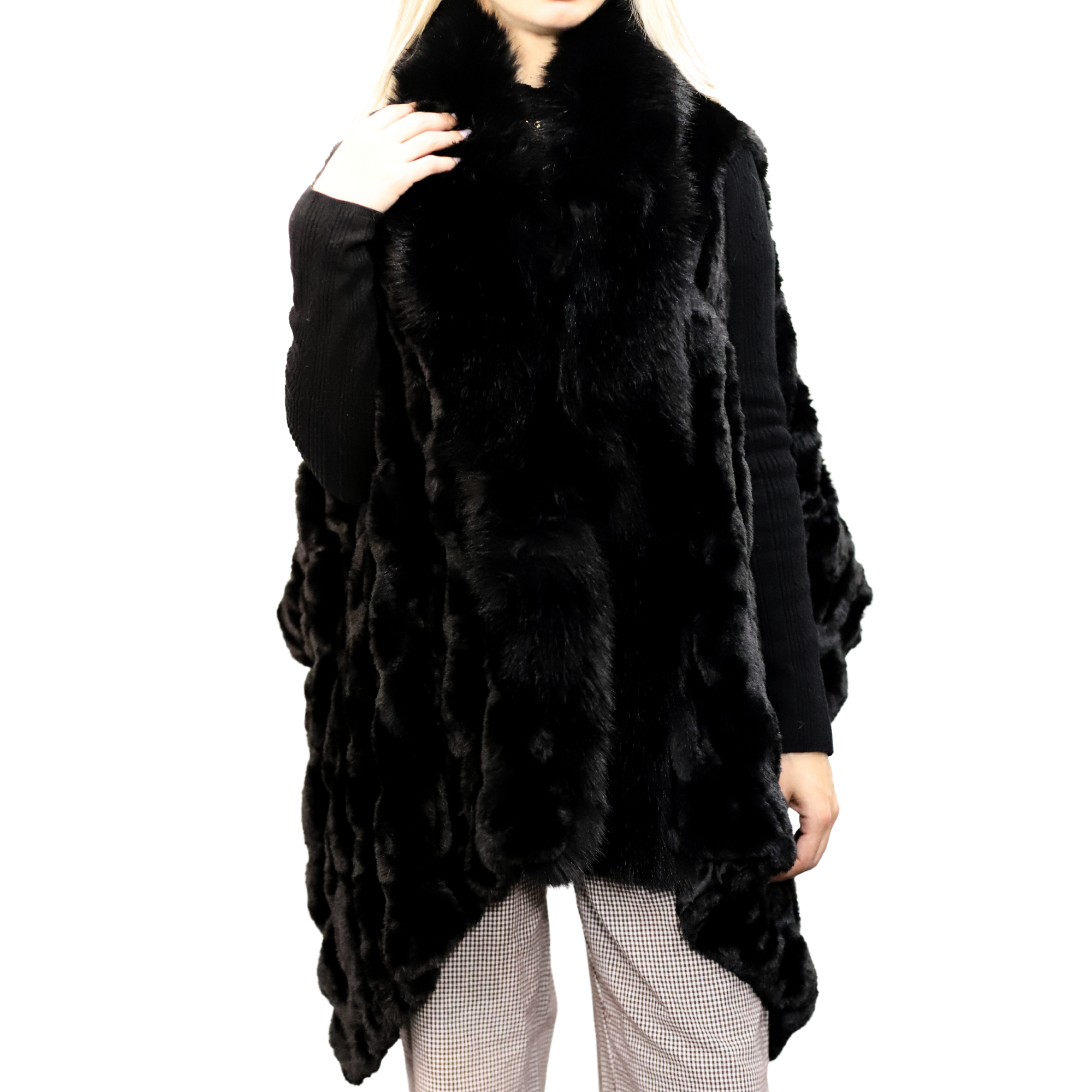 La Fiorentina Chic Black Faux Fur Vest - One Size (66 in x 26 in) - Faux Fur Vest - La Fiorentina VEST-2302