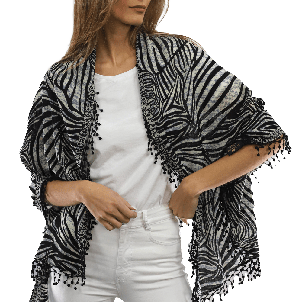 All Over Animal Print with Pom Lace - Ivory Black - Scarf - La Fiorentina MG-0268_blkwhite