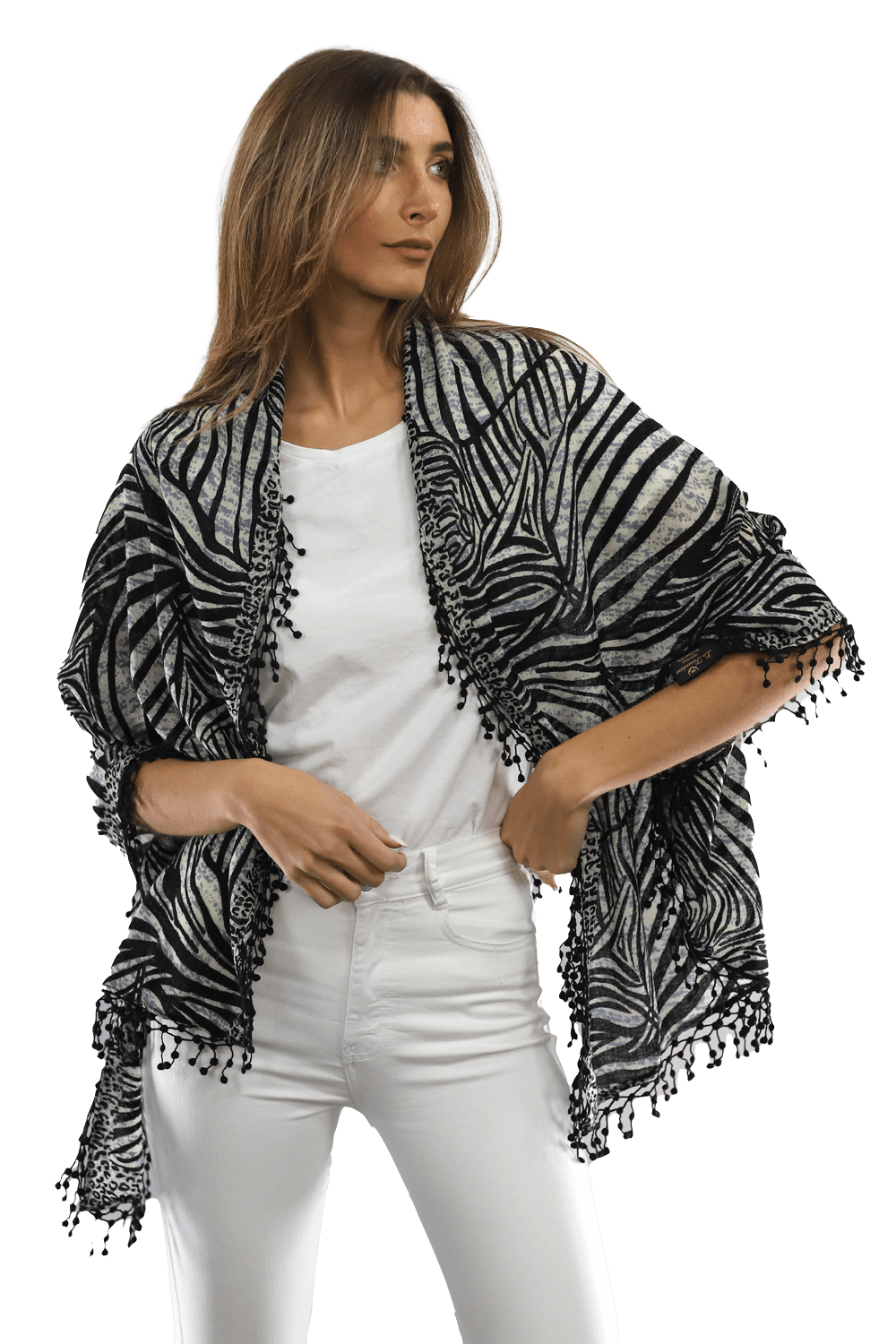All Over Animal Print with Pom Lace - Ivory Black - Scarf - La Fiorentina MG-0268_blkwhite