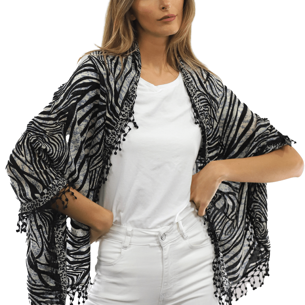 All Over Animal Print with Pom Lace - Ivory Black - Scarf - La Fiorentina MG-0268_blkwhite