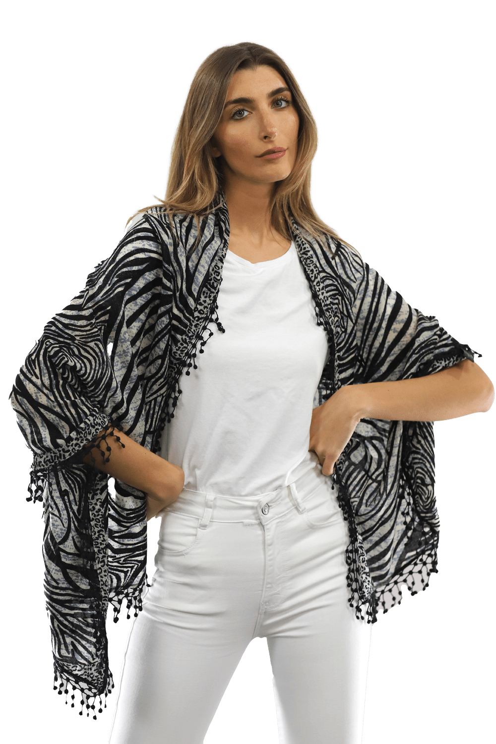 All Over Animal Print with Pom Lace - Ivory Black - Scarf - La Fiorentina MG-0268_blkwhite
