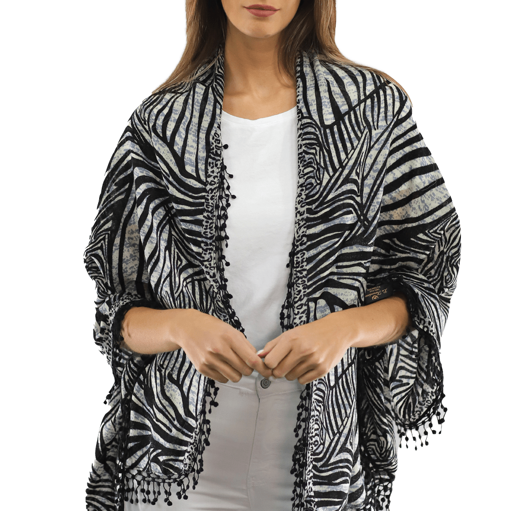 All Over Animal Print with Pom Lace - Ivory Black - Scarf - La Fiorentina MG-0268_blkwhite