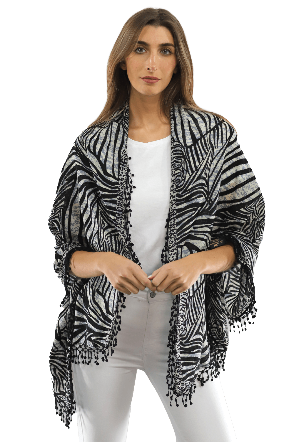 All Over Animal Print with Pom Lace - Ivory Black - Scarf - La Fiorentina MG-0268_blkwhite