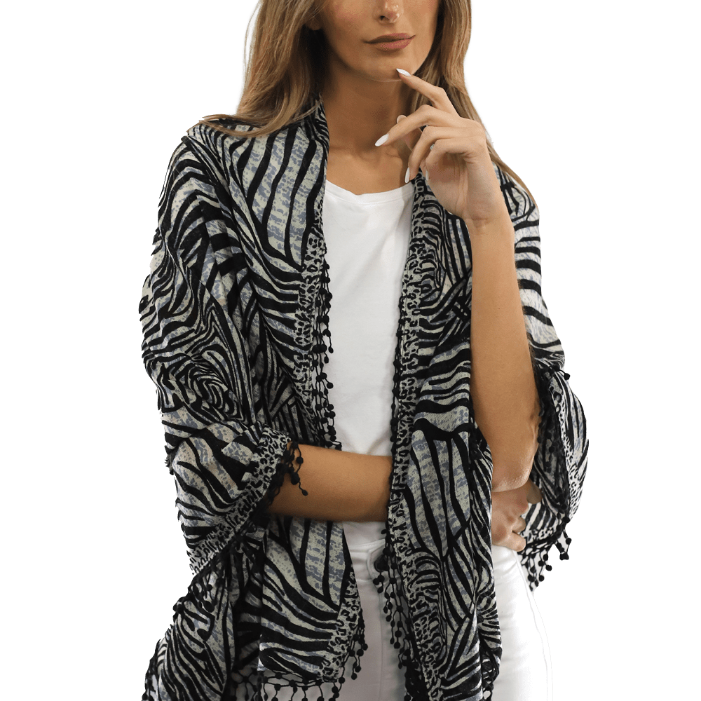 All Over Animal Print with Pom Lace - Ivory Black - Scarf - La Fiorentina MG-0268_blkwhite