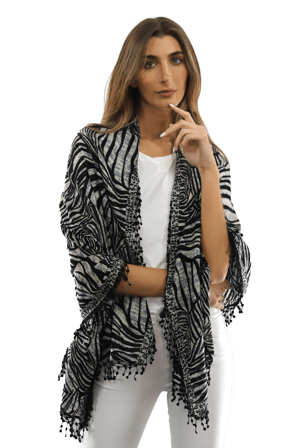 All Over Animal Print with Pom Lace - Ivory Black - Scarf - La Fiorentina MG-0268_blkwhite
