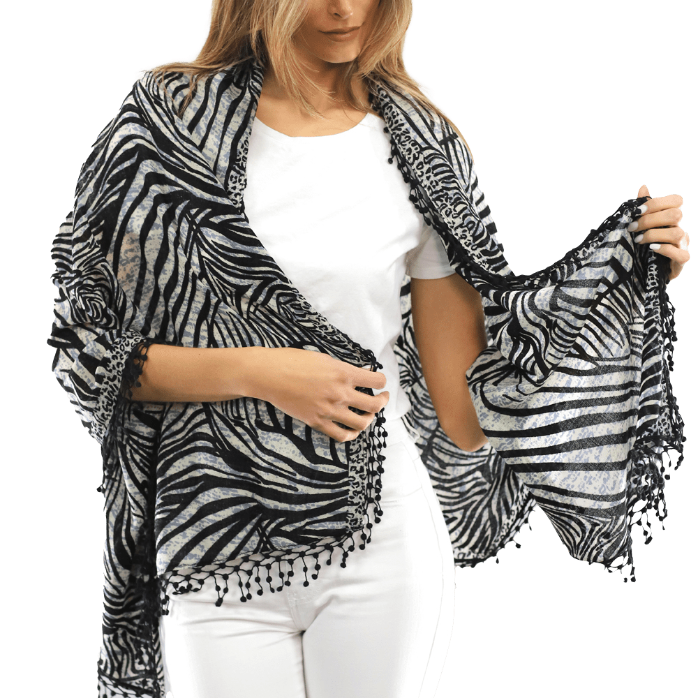 All Over Animal Print with Pom Lace - Ivory Black - Scarf - La Fiorentina MG-0268_blkwhite
