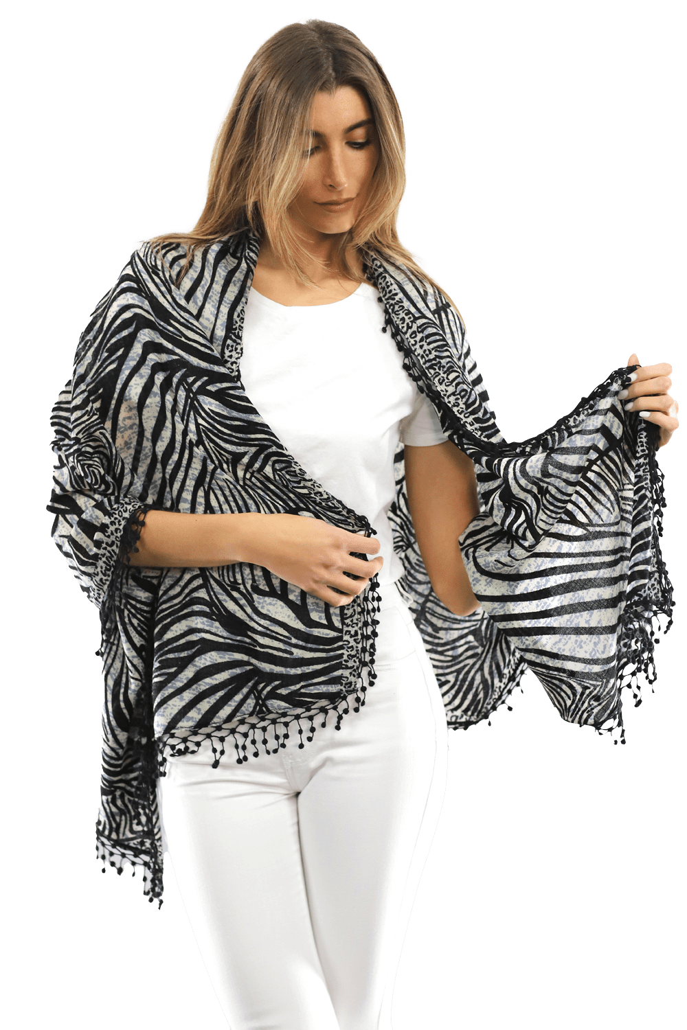 All Over Animal Print with Pom Lace - Ivory Black - Scarf - La Fiorentina MG-0268_blkwhite