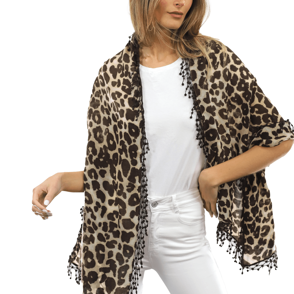 All Over Animal Print with Pom Lace - Leopard Print - Scarf - La Fiorentina MG-0268_leopard