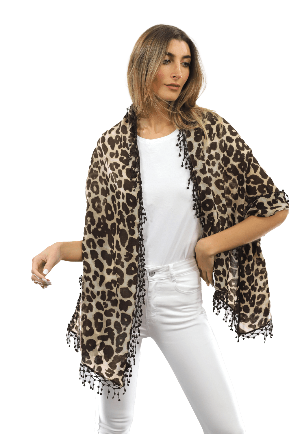 All Over Animal Print with Pom Lace - Leopard Print - Scarf - La Fiorentina MG-0268_leopard