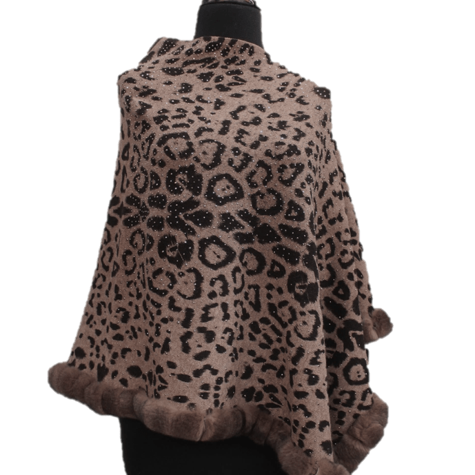 Animal Print Poncho with Embellishments and Fur Trim- Leopard - Poncho - La Fiorentina BE09-RF