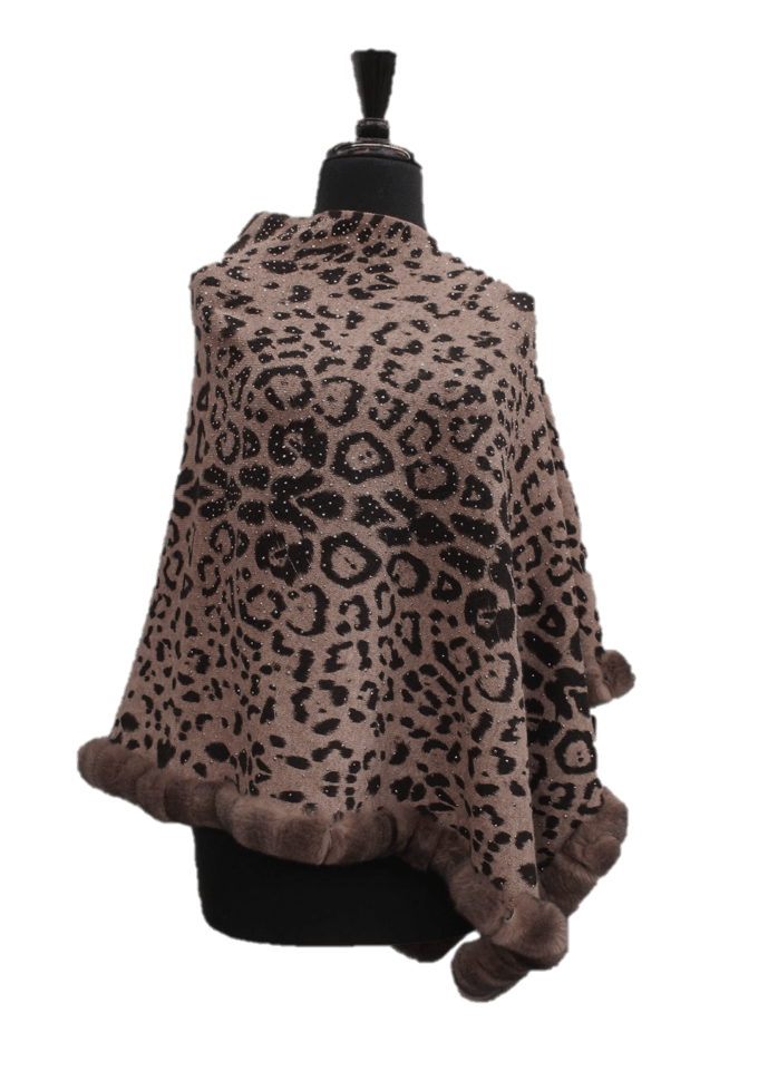 Animal Print Poncho with Embellishments and Fur Trim- Leopard - Poncho - La Fiorentina BE09-RF