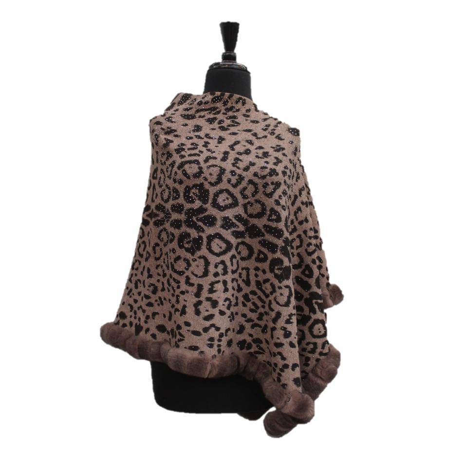 Animal Print Poncho with Embellishments and Fur Trim- Leopard - Poncho - La Fiorentina BE09-RF