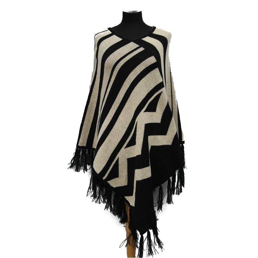 Aztec Print Poncho With Fringe - Poncho - La Fiorentina Aztec01