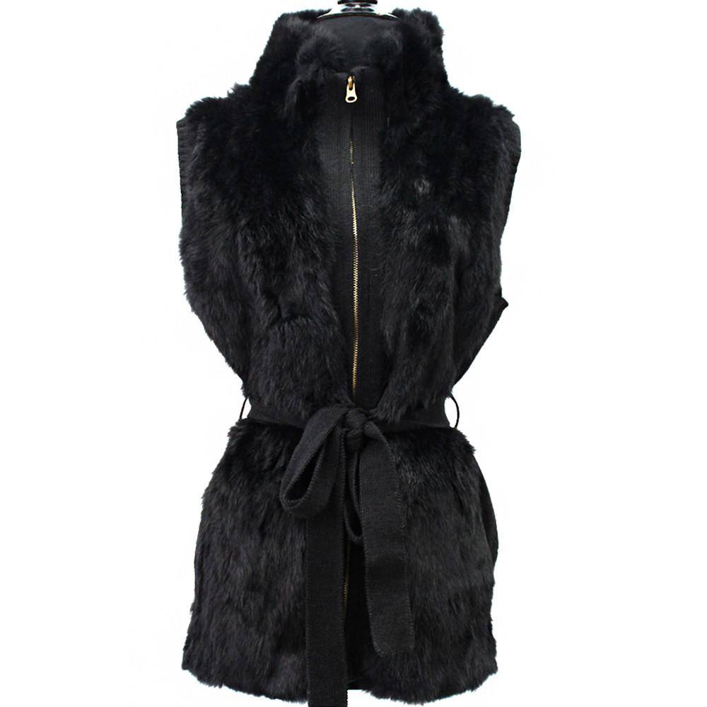 La Fiorentina Belted Rabbit Fur Front Vest - Black  TYI-1321