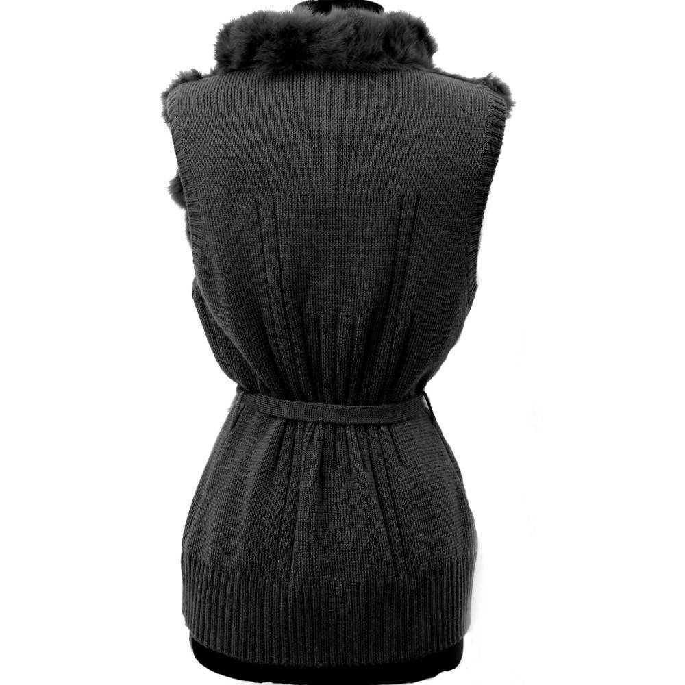 La Fiorentina Belted Rabbit Fur Front Vest - Black  TYI-1321