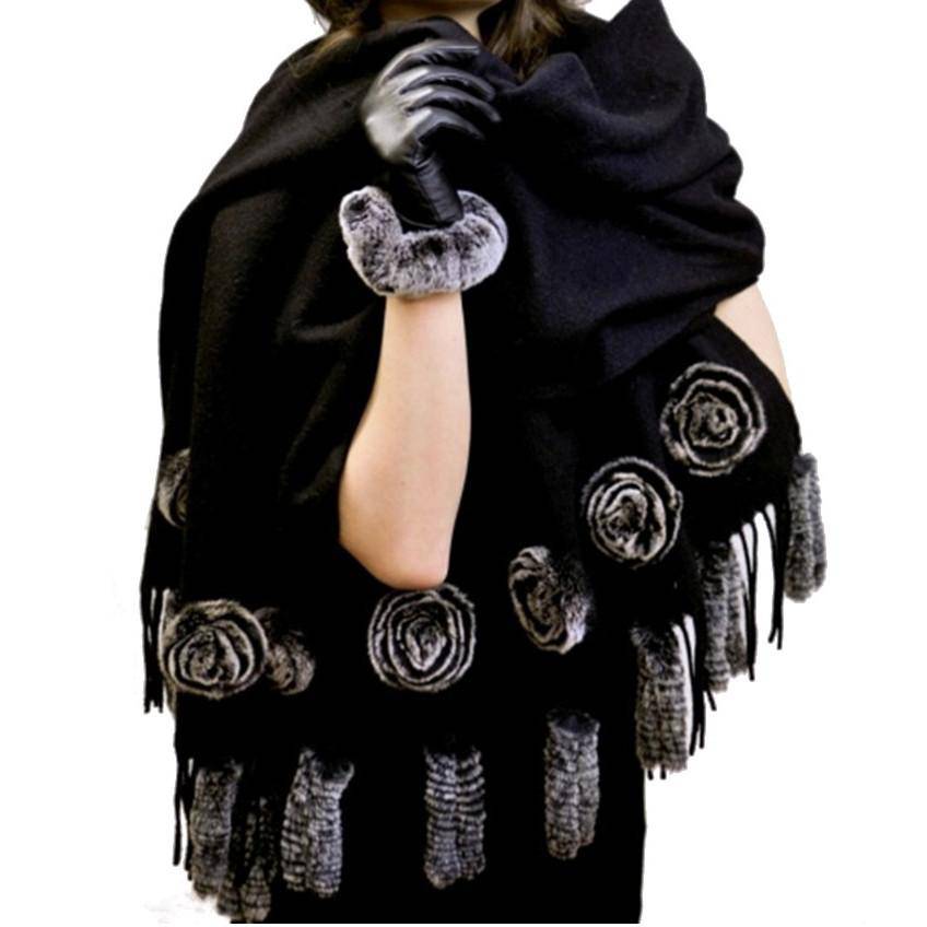 Black Snow Solid Wrap with Fur Rosette and Tails - Wrap - La Fiorentina '545