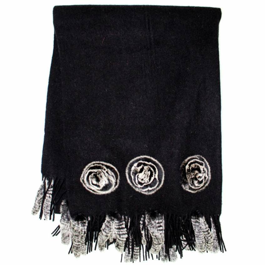 Black Snow Solid Wrap with Fur Rosette and Tails - Wrap - La Fiorentina '545