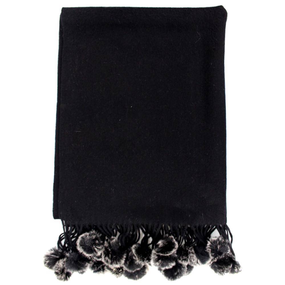 La Fiorentina | Black Snow Wrap with Rabbit Fur Pom Poms 0101WRP
