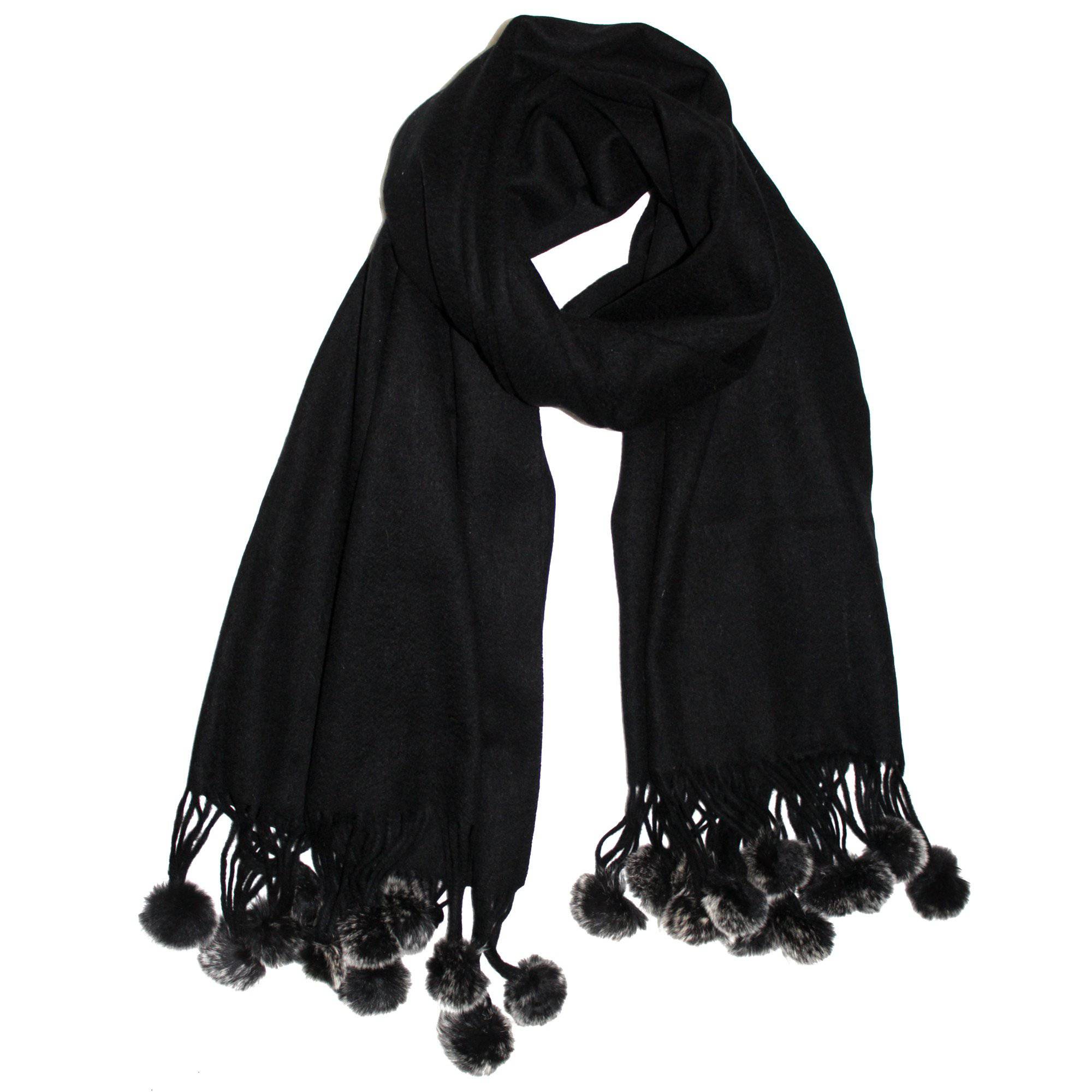 La Fiorentina | Black Snow Wrap with Rabbit Fur Pom Poms 0101WRP