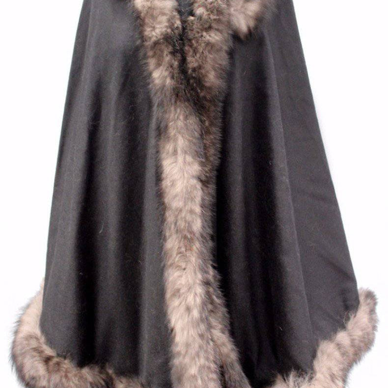 La Fiorentina | Black Solid Cape with Tonal Fox Fur Trim and Hood FS03-75