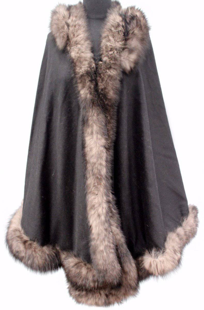 La Fiorentina | Black Solid Cape with Tonal Fox Fur Trim and Hood FS03-75