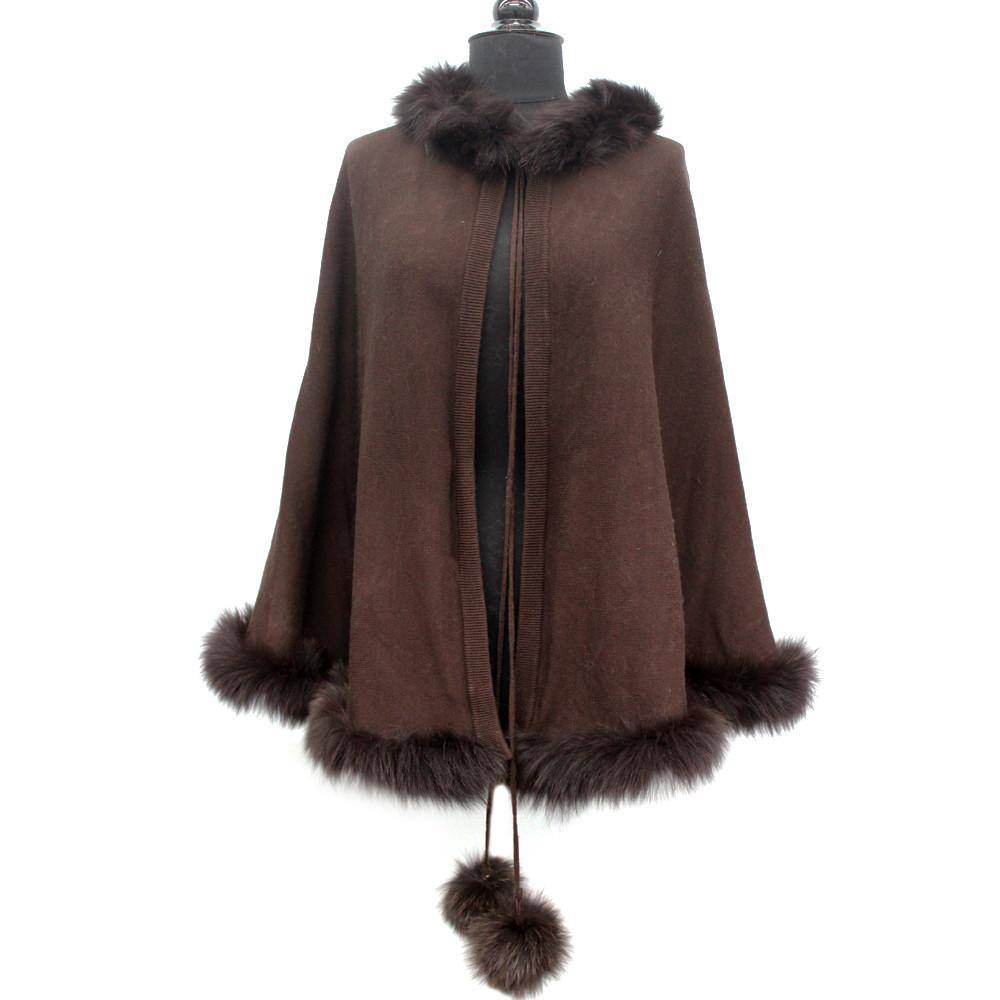 La Fiorentina | Brown Fox Fur Trim with Fur Poms Cape TYN-1141