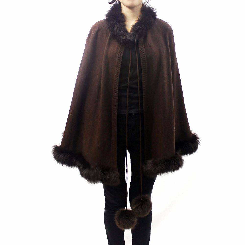 La Fiorentina | Brown Fox Fur Trim with Fur Poms Cape TYN-1141