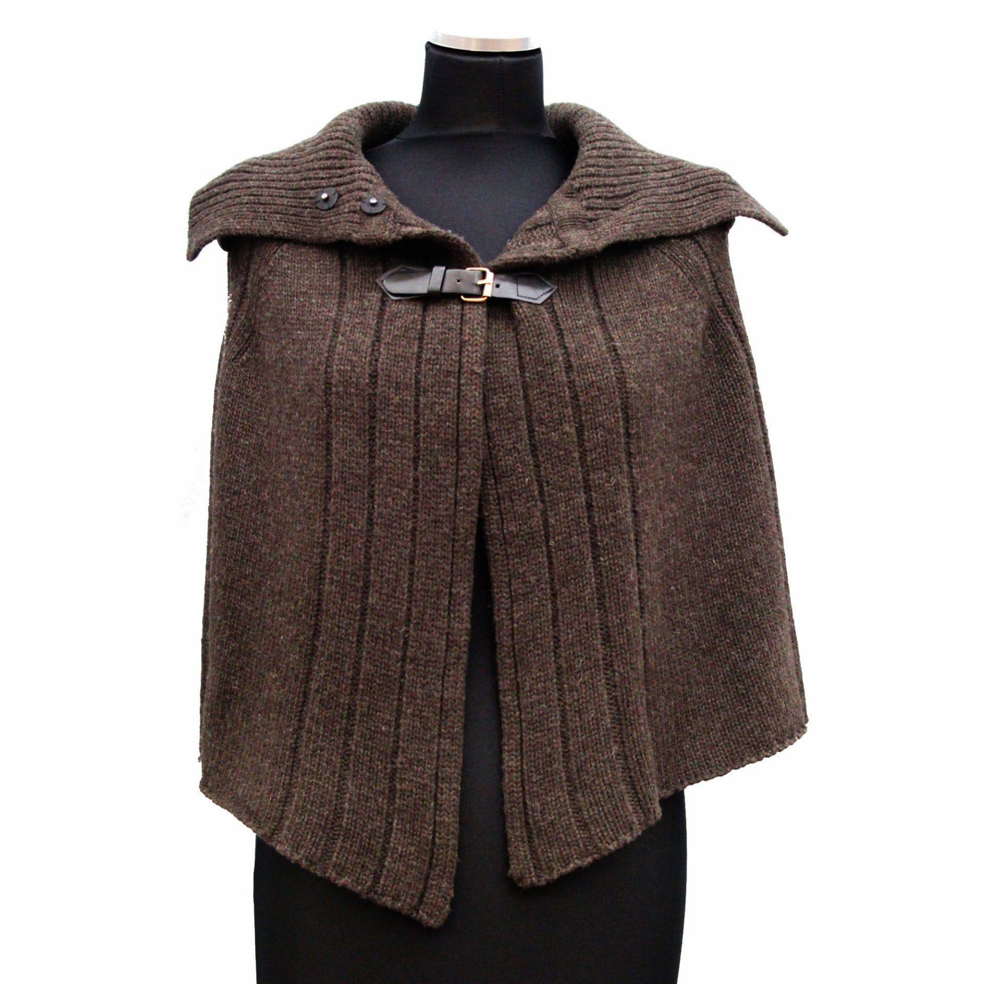 Cable Knit Cape with Leather Strap - Brown - Cape - La Fiorentina TYE-1305