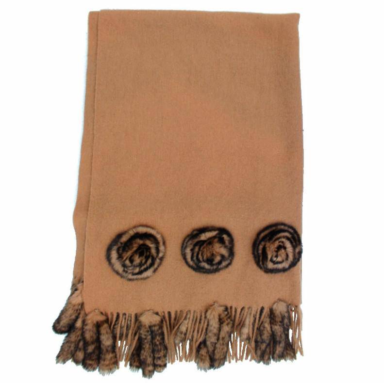 Camel Solid Wrap with Rex Rabbit Fur Rosette and Tails - Wrap - La Fiorentina '545