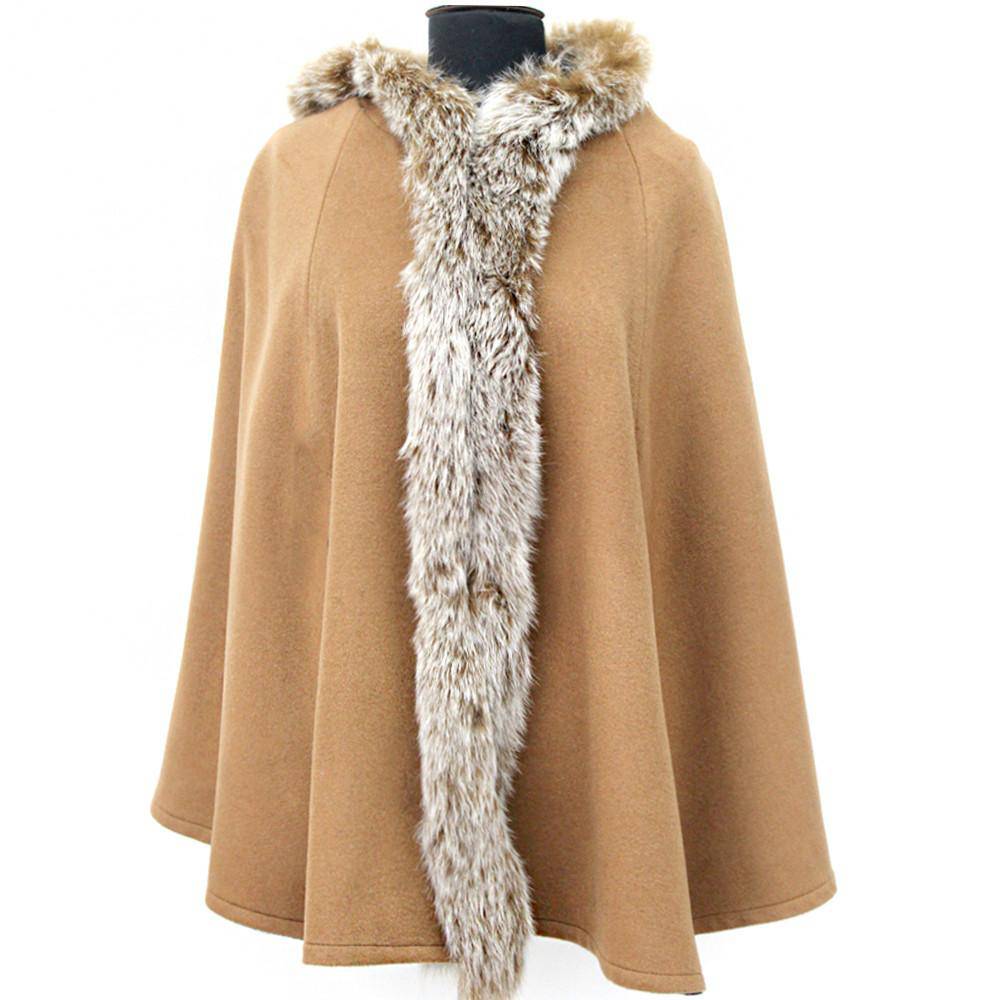 Camel Wool Fox Trim Cape With Hood - Cape - La Fiorentina TYN-1301M