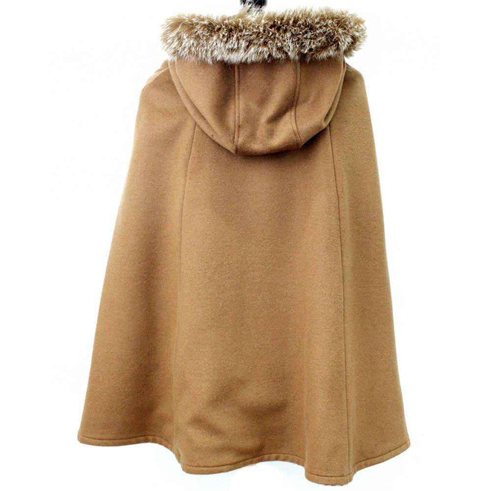 Camel Wool Fox Trim Cape With Hood - Cape - La Fiorentina TYN-1301M