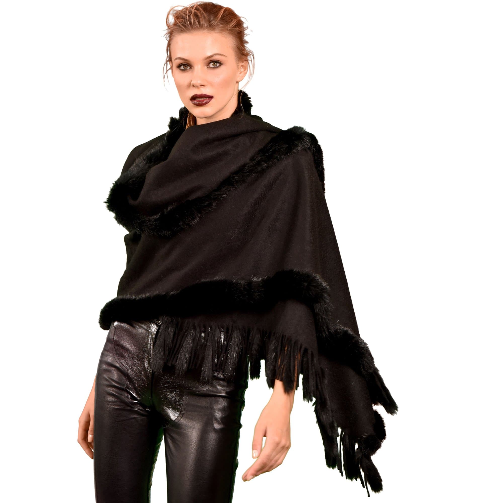 Cashmere Wrap with Rex Rabbit trim/tails - BLACK - Wrap - La Fiorentina GC544