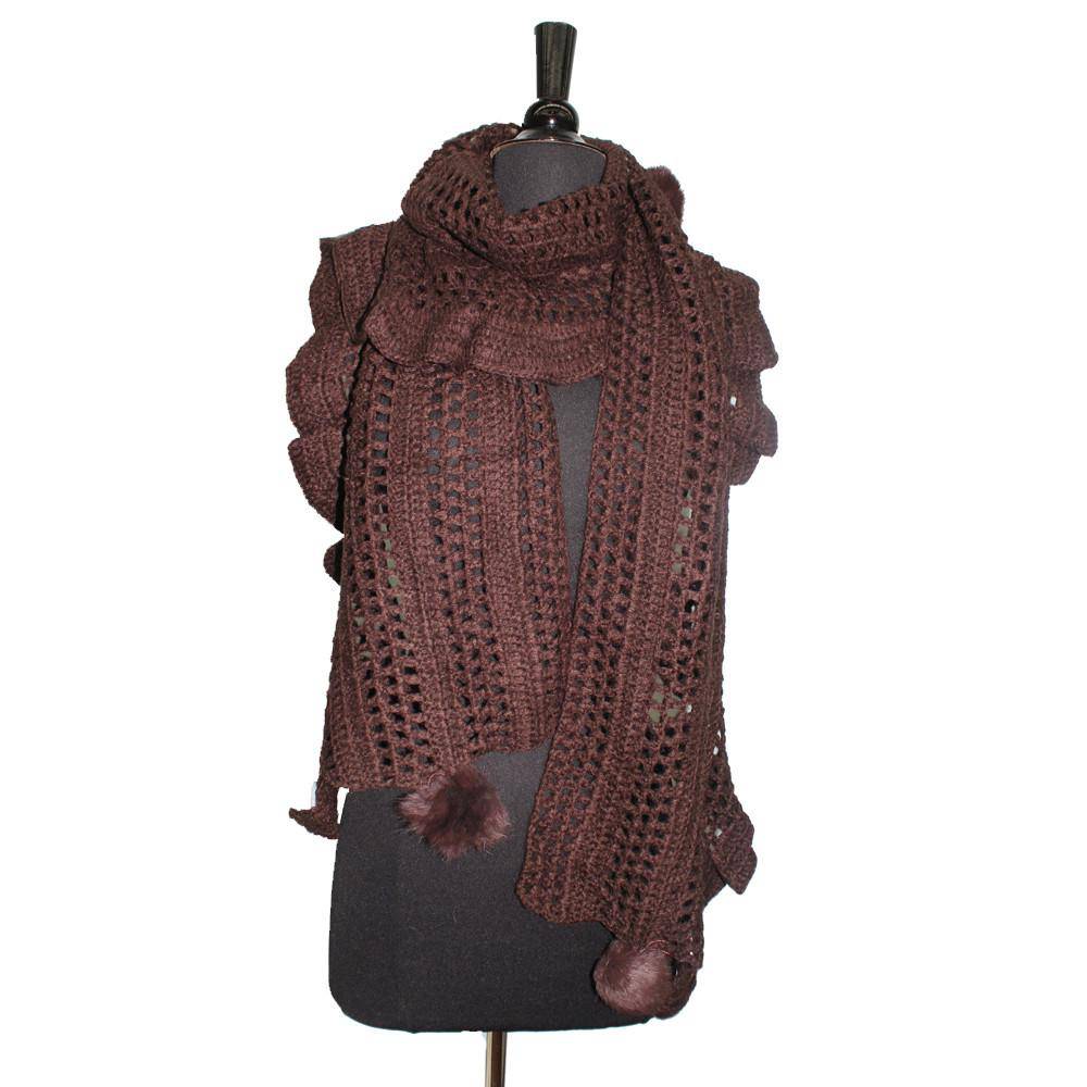 Crochet & Rabbit Fur Scarf - Brown - La Fiorentina '605609
