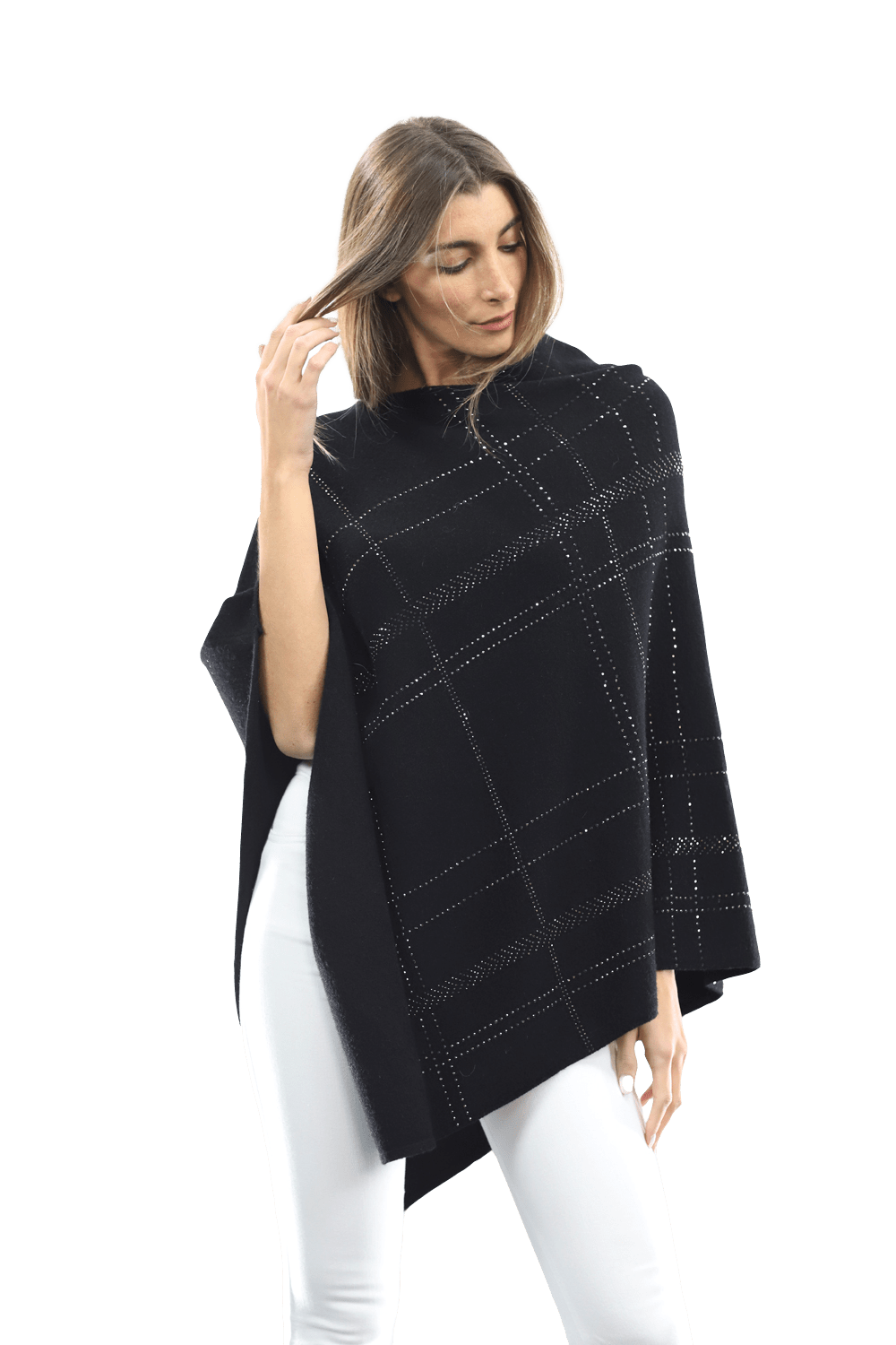 Embellished Stripped Poncho - Poncho - La Fiorentina, Black BE811 -1 FAUX-31
