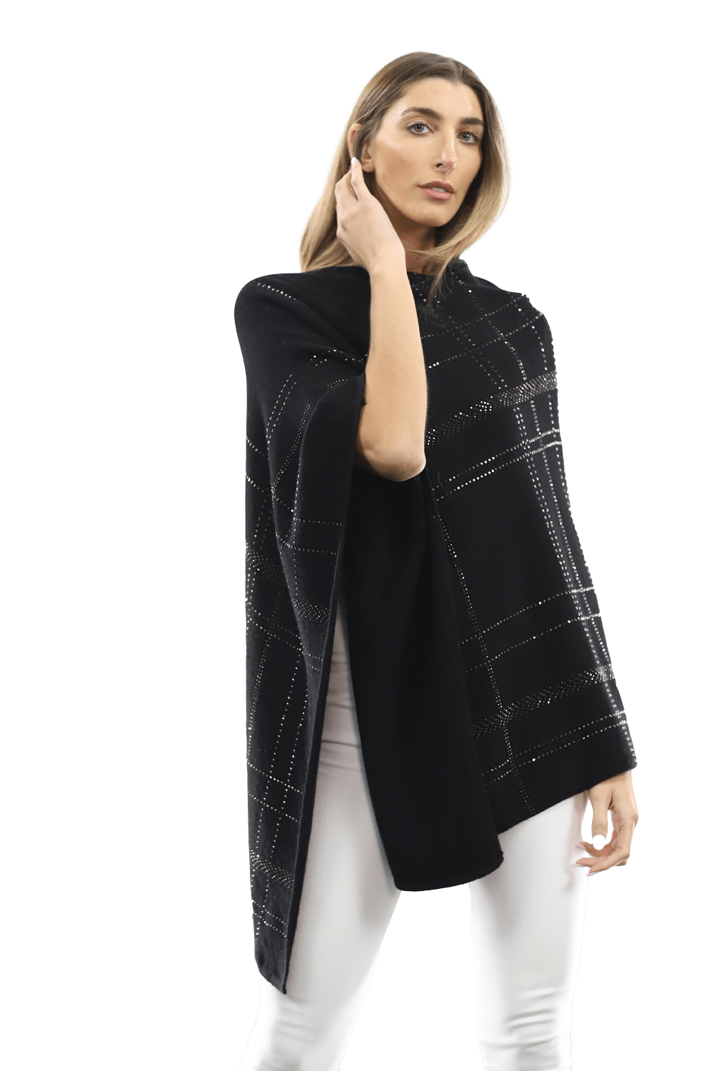 Embellished Stripped Poncho - Poncho - La Fiorentina, Black BE811 -2