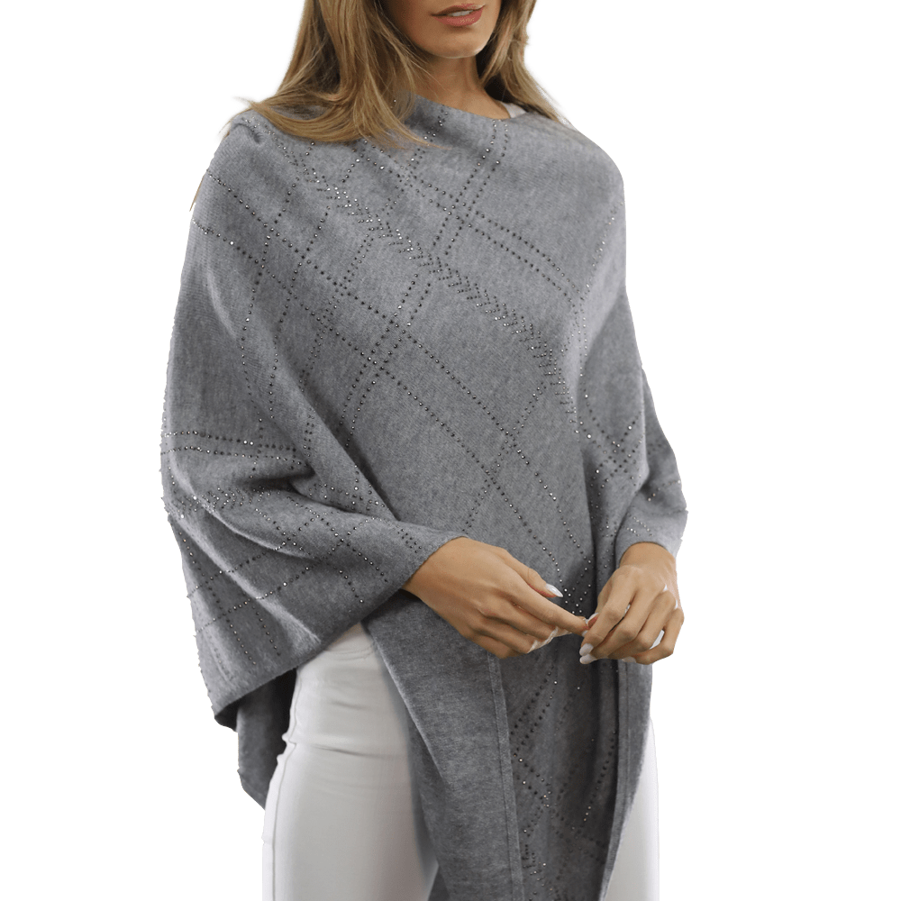 Embellished Stripped Poncho - Poncho - La Fiorentina, Grey BE811 -2
