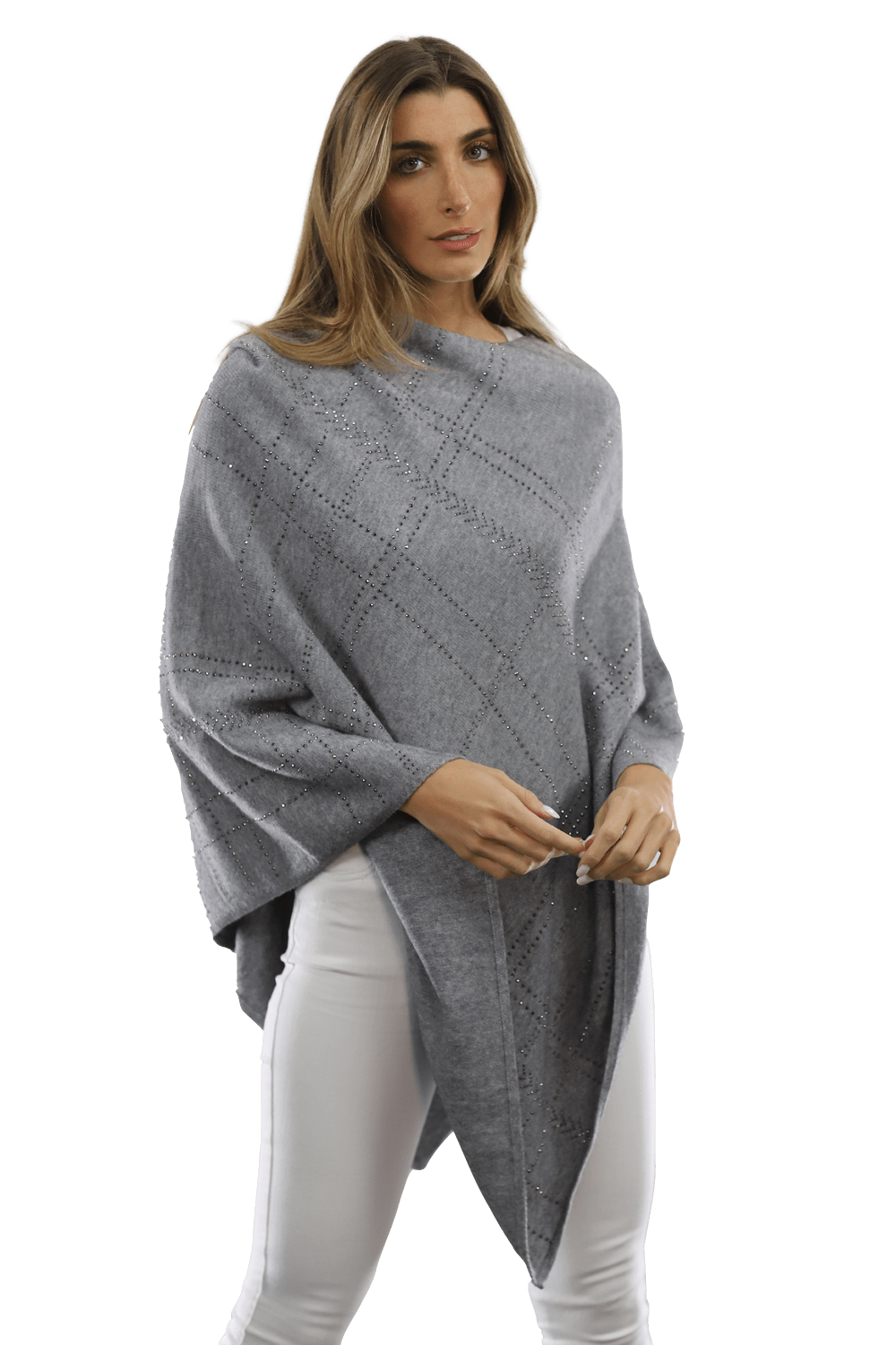Embellished Stripped Poncho - Poncho - La Fiorentina, Grey BE811 -2