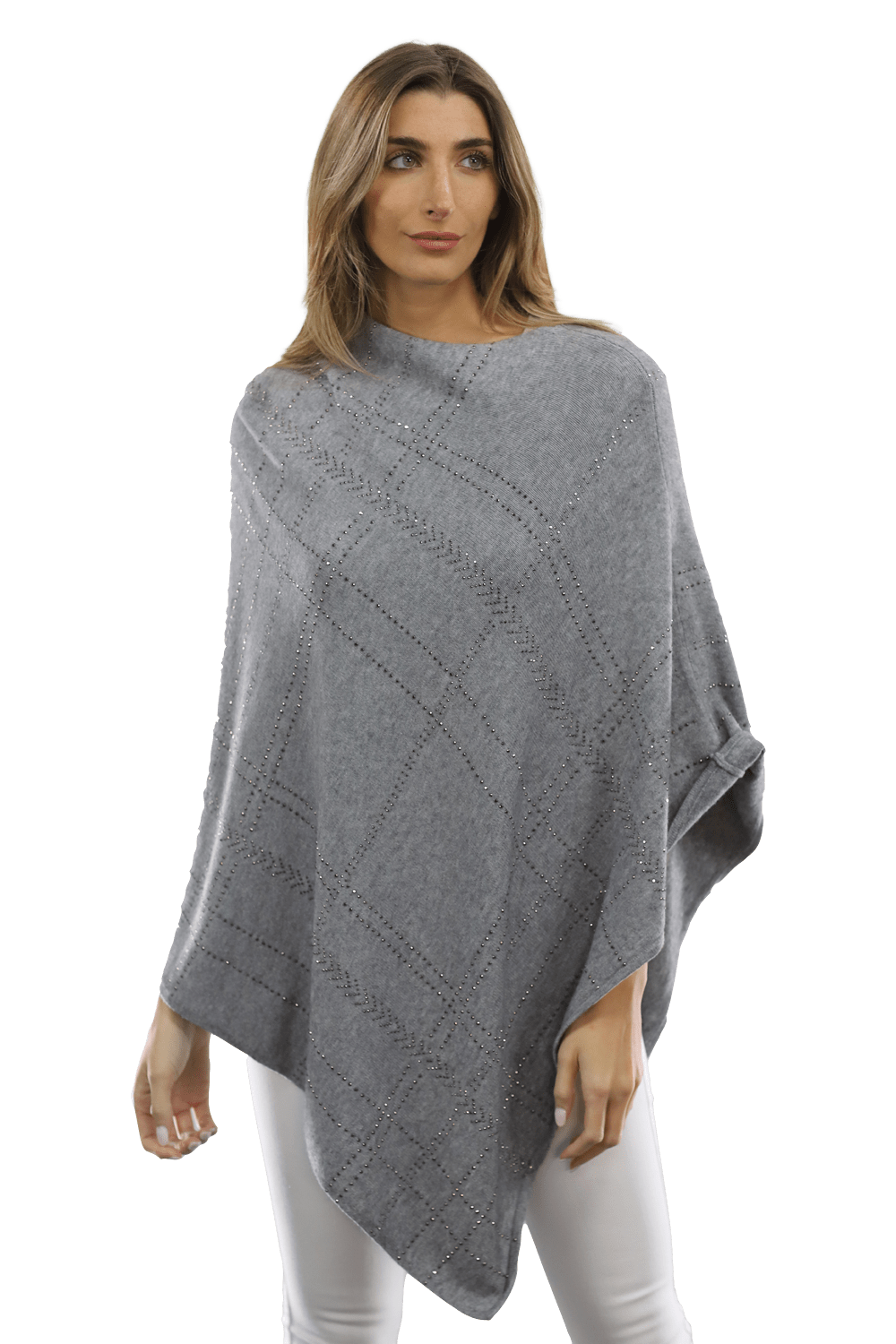 Embellished Stripped Poncho - Poncho - La Fiorentina, Grey BE811 -2